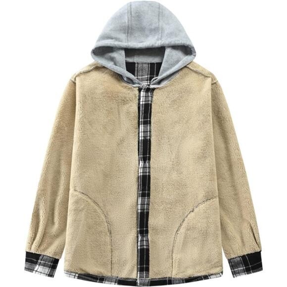 Mens Flannel Shirt Jacket Hooded Sherpa Lined Button Down Plaid Fleece Coat - Picture 3 of 8